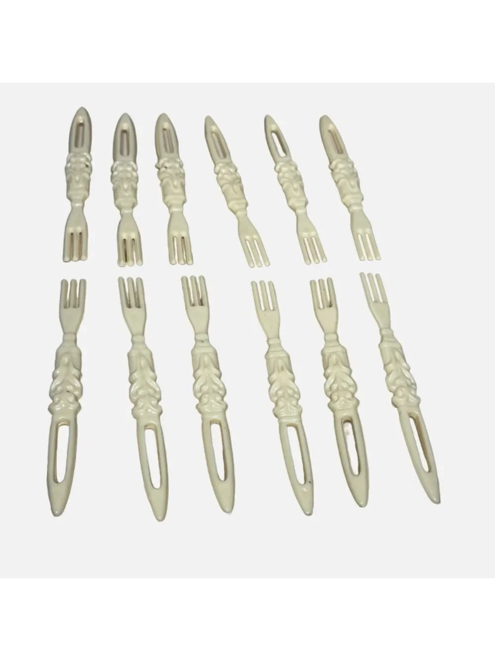 Vintage Appetizer Cocktail Forks Molded Plastic Celluloid Set of 12 Beige Hors d
